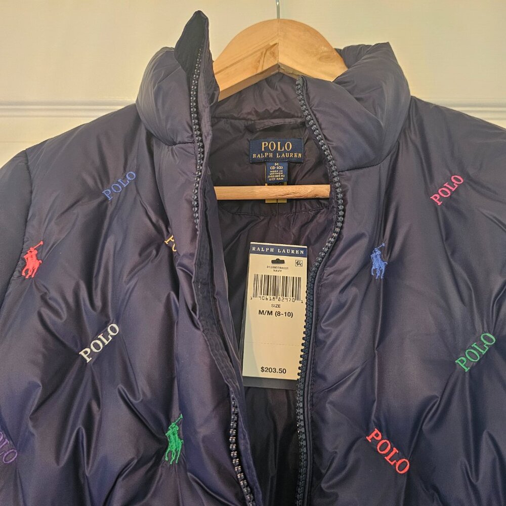 Polo by Ralph Lauren Navy Puffer Jacket with Multicolor Polo Logos - Picture 3 of 14